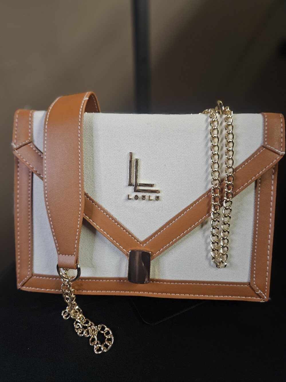 Loulu Cream Canvas & Tan Leather-Trim Crossbody with Chain Strap- New In Bag